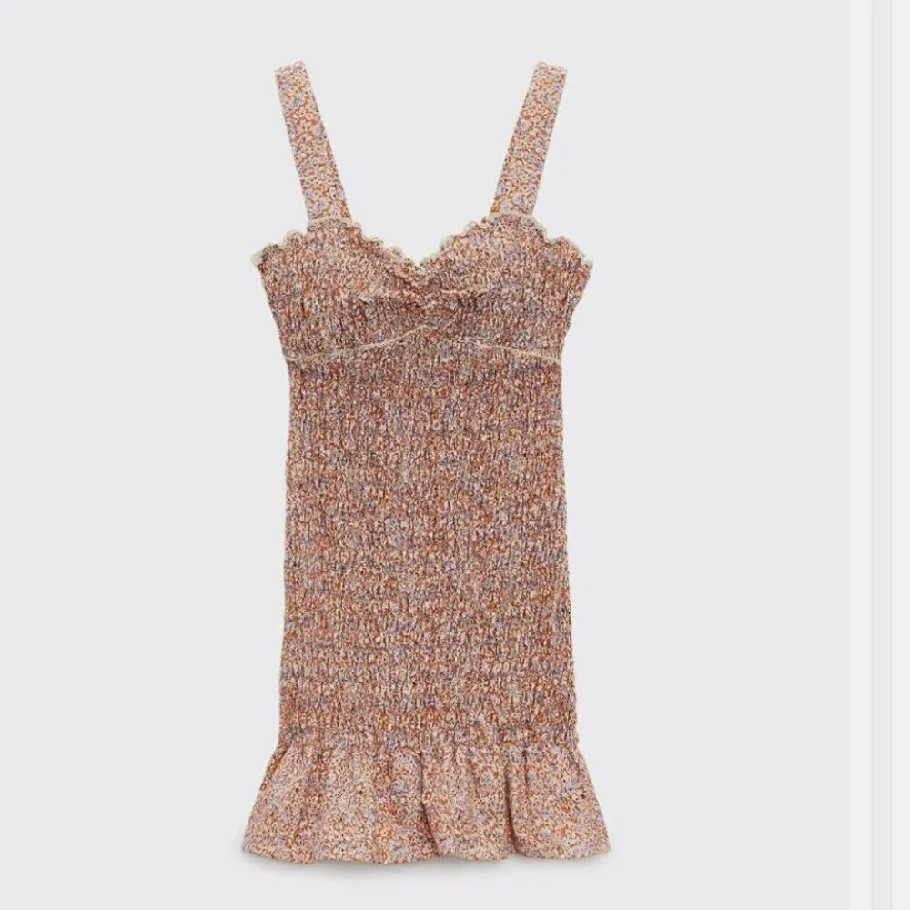 Zara Ditzy Floral Smocked Elasticized Mini Dress Orange Lilac Size Medium